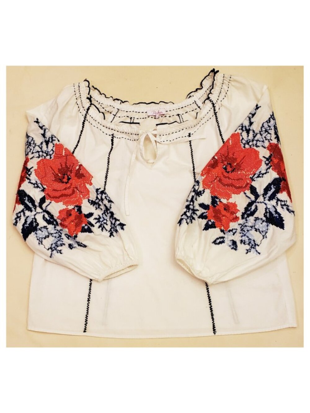 Parker Floral Embroidered Long Sleeve Blouse Size M White 100% Cotton